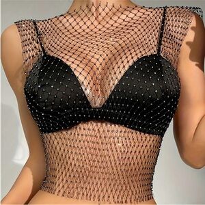 Black Mesh Beaded Crop Top
